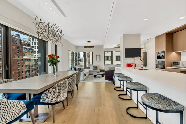 Dining room, Interior, Kitchen, Living room, Pendant Lights, Recessed Lighting, Stainless Steel Appliances, Wood Texture Flooring