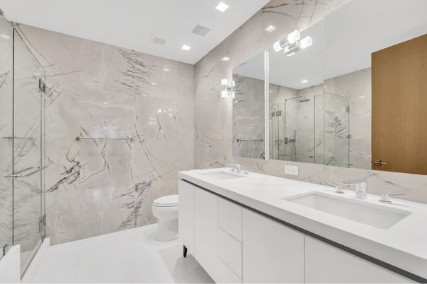 Bathroom, Dual Sink Vanities, Glass Shower, Interior, Marble Walls, Recessed Lighting