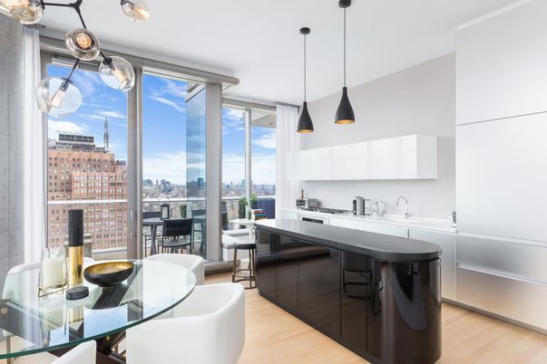 Dining room, Interior, Kitchen, Pendant Lights, Stainless Steel Appliances, Wood Texture Flooring