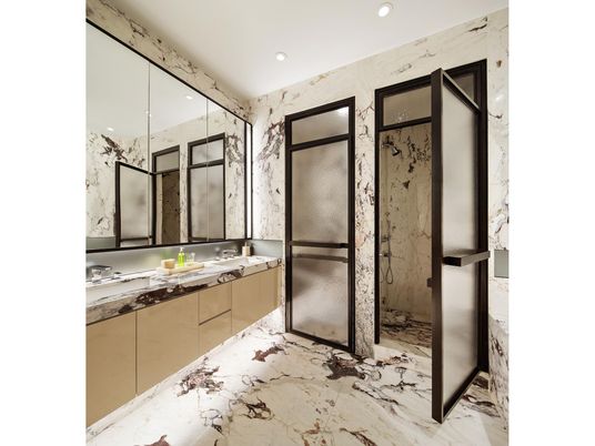 Bathroom, Dual Sink Vanities, Glass Shower, Interior, Marble, Recessed Lighting