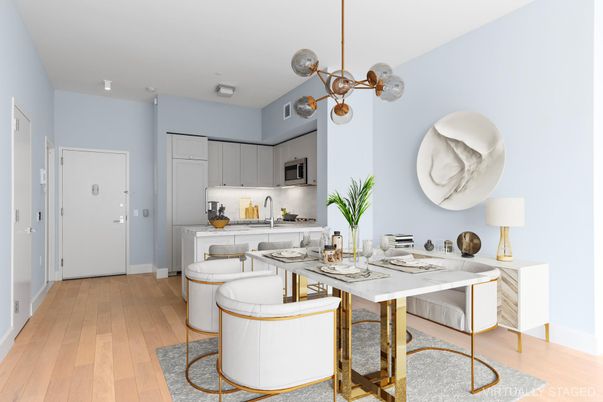 Dining room, Interior, Kitchen, Pendant Lights, Stainless Steel Appliances, Wood Texture Flooring