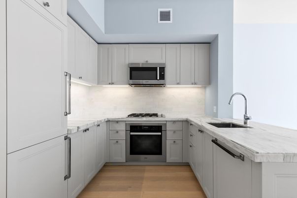 Interior, Kitchen, Marble Walls, Stainless Steel Appliances, Wood Texture Flooring