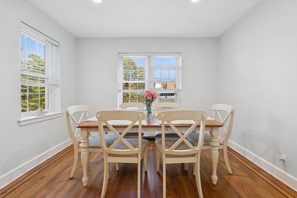 Dining room, Interior, Recessed Lighting, Wood Texture Flooring