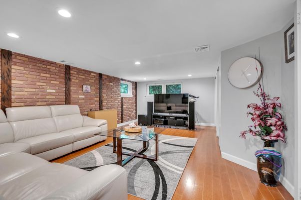 Interior, Living room, Recessed Lighting, Stone Walls, Wood Texture Flooring