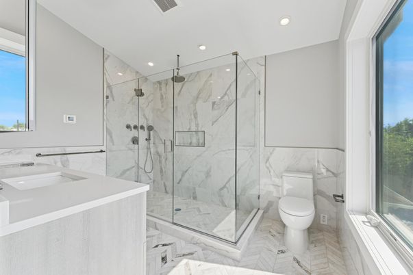 Bathroom, Glass Shower, Interior, Marble, Marble Walls, Recessed Lighting