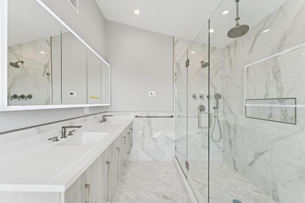 Bathroom, Glass Shower, Interior, Marble, Marble Walls, Recessed Lighting