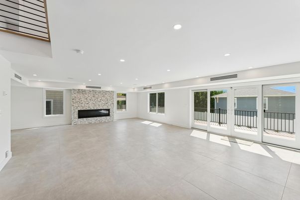 Empty room, Fireplace, Interior, Recessed Lighting, Stone Walls