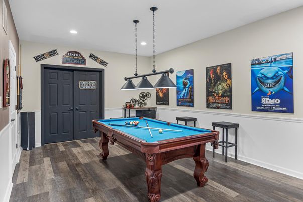 Billiard Table, Game Room, Interior, Pendant Lights, Recessed Lighting, Wood Texture Flooring