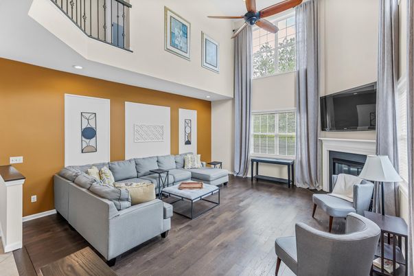 Fireplace, Interior, Living room, Recessed Lighting, Wood Texture Flooring