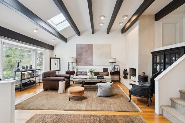 Fireplace, Interior, Living room, Recessed Lighting, Wooden Beams, Wood Texture Flooring