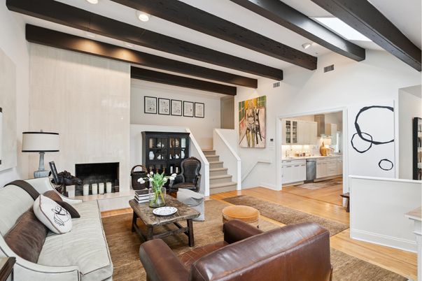 Fireplace, Interior, Living room, Recessed Lighting, Wooden Beams, Wood Texture Flooring