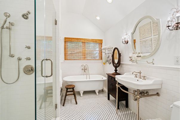 Bathroom, Free Standing Baths, Glass Shower, Interior, Recessed Lighting