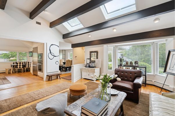 Dining room, Interior, Living room, Recessed Lighting, Wooden Beams, Wood Texture Flooring