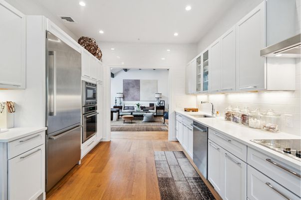 Interior, Kitchen, Living room, Recessed Lighting, Stainless Steel Appliances, Wood Texture Flooring