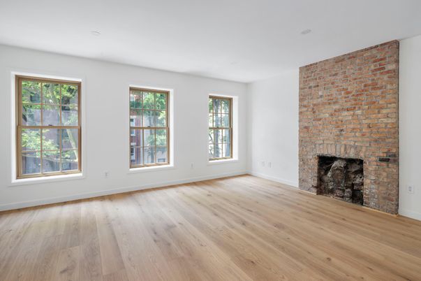 Empty room, Fireplace, Interior, Stone Walls, Wood Texture Flooring