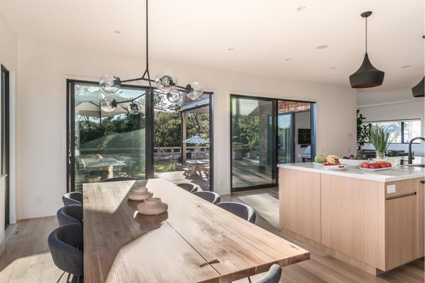 Dining room, Interior, Kitchen, Pendant Lights, Recessed Lighting, Wood Texture Flooring