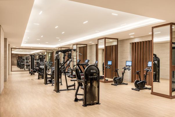 Fitness Equipment, Gym, Interior, Recessed Lighting, Wood Texture Flooring