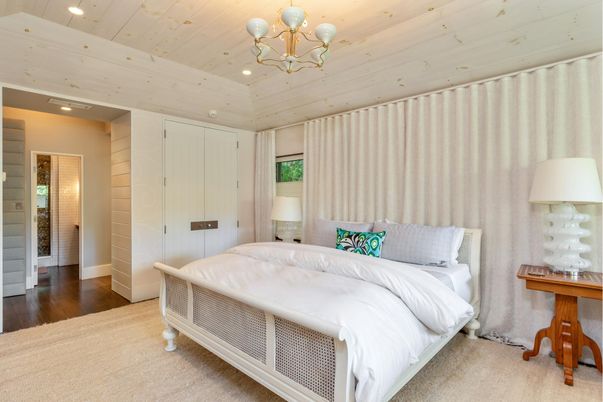 Bedroom, Chandelier, Interior, Recessed Lighting, Wooden Ceilings, Wood Texture Flooring