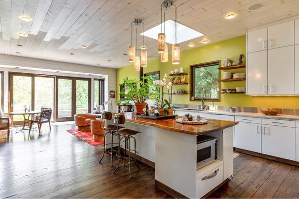 Dining room, Interior, Kitchen, Pendant Lights, Recessed Lighting, Wood Texture Flooring
