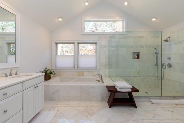 Bathroom, Dual Sink Vanities, Glass Shower, Interior, Marble, Marble Walls, Recessed Lighting