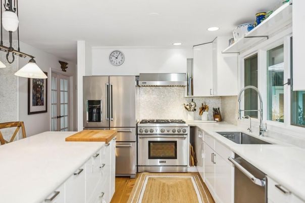 Interior, Kitchen, Pendant Lights, Recessed Lighting, Stainless Steel Appliances, Wood Texture Flooring