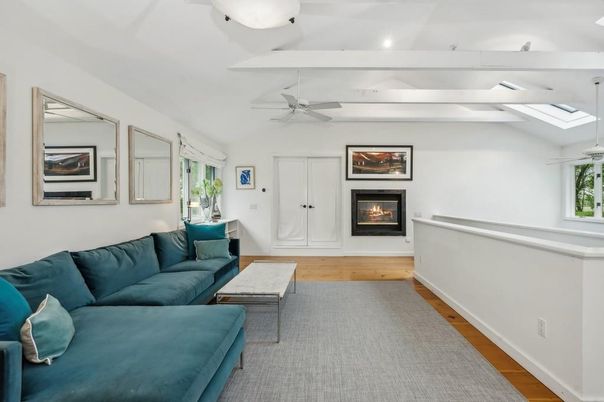 Fireplace, Interior, Living room, Pendant Lights, Recessed Lighting, Wood Texture Flooring