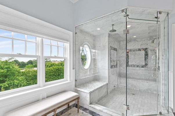 Bathroom, Glass Shower, Interior, Marble, Marble Walls, Recessed Lighting