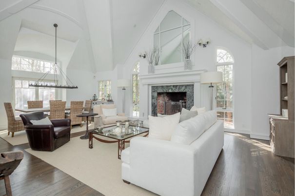 Dining room, Fireplace, Interior, Living room, Pendant Lights, Wood Texture Flooring