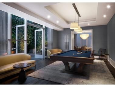 Billiard Table, Chandelier, Game Room, Interior, Pendant Lights, Recessed Lighting, Wood Texture Flooring