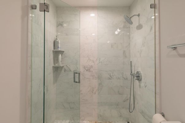 Bathroom, Glass Shower, Interior, Marble Walls, Recessed Lighting