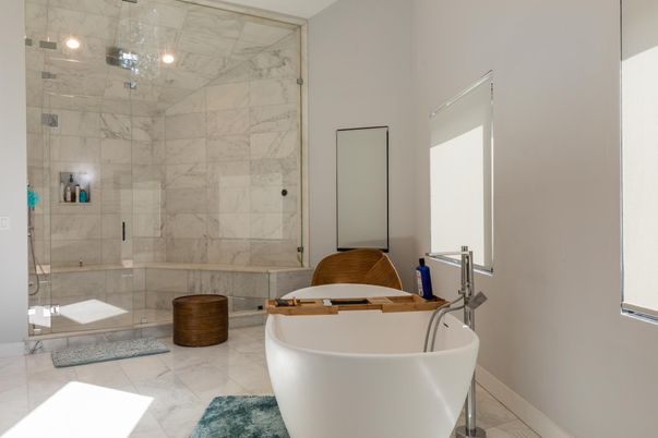Bathroom, Free Standing Baths, Glass Shower, Interior, Marble, Marble Walls