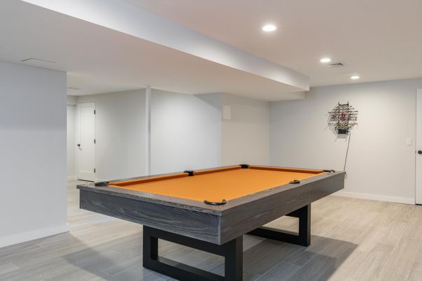 Billiard Table, Game Room, Interior, Recessed Lighting, Wood Texture Flooring