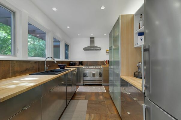 Interior, Kitchen, Recessed Lighting, Stainless Steel Appliances, Wood Texture Flooring
