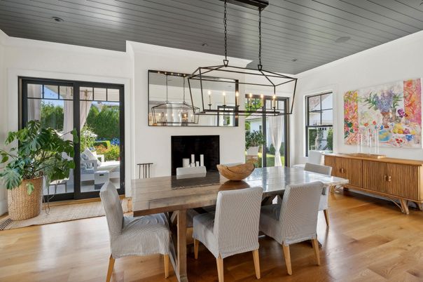 Dining room, Fireplace, Interior, Pendant Lights, Wood Texture Flooring