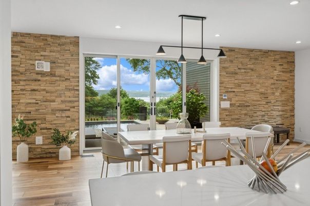 Dining room, Interior, Pendant Lights, Recessed Lighting, Stone Walls, Wood Texture Flooring