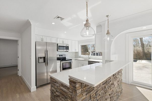 Interior, Kitchen, Pendant Lights, Recessed Lighting, Stainless Steel Appliances, Wood Texture Flooring