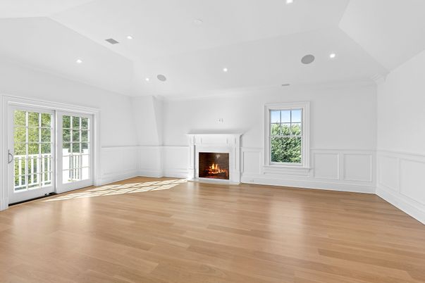 Empty room, Fireplace, Interior, Recessed Lighting, Wood Texture Flooring