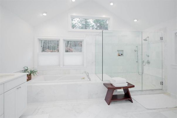 Bathroom, Glass Shower, Interior, Marble, Marble Walls, Recessed Lighting