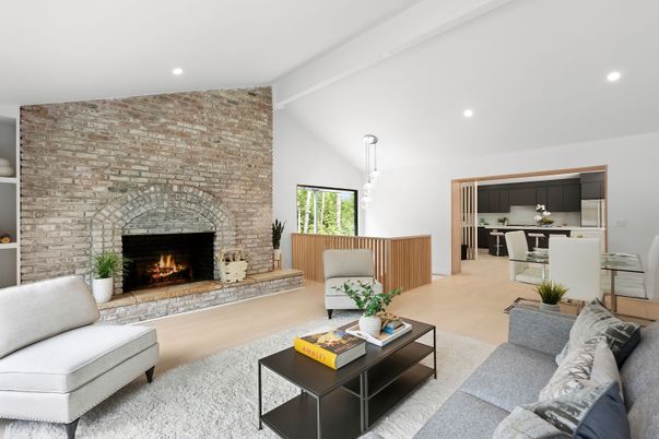 Fireplace, Interior, Kitchen, Living room, Pendant Lights, Recessed Lighting, Stone Walls, Wood Texture Flooring