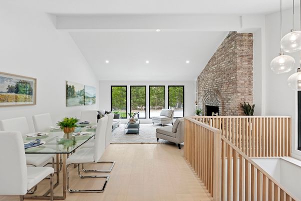 Dining room, Fireplace, Interior, Living room, Pendant Lights, Recessed Lighting, Stone Walls, Wood Texture Flooring