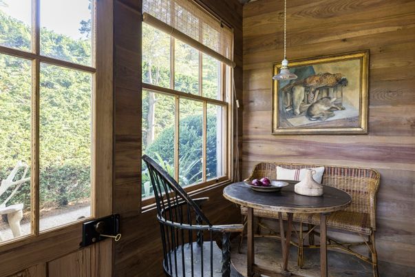 Dining room, Interior, Pendant Lights, Wood Texture Flooring, Wooden Walls