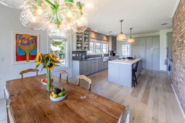 Dining room, Interior, Kitchen, Pendant Lights, Recessed Lighting, Stone Walls, Wood Texture Flooring