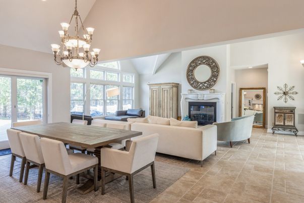 Chandelier, Dining room, Fireplace, Interior, Living room, Recessed Lighting