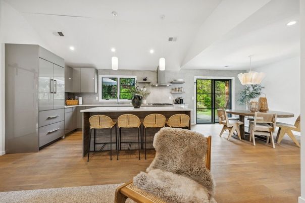Dining room, Interior, Kitchen, Pendant Lights, Recessed Lighting, Stainless Steel Appliances, Wood Texture Flooring