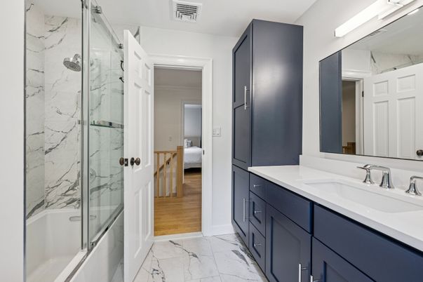 Bathroom, Dual Sink Vanities, Glass Shower, Interior, Marble, Marble Walls