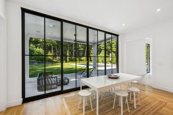 Dining room, Interior, Recessed Lighting, Sun Room, Wood Texture Flooring