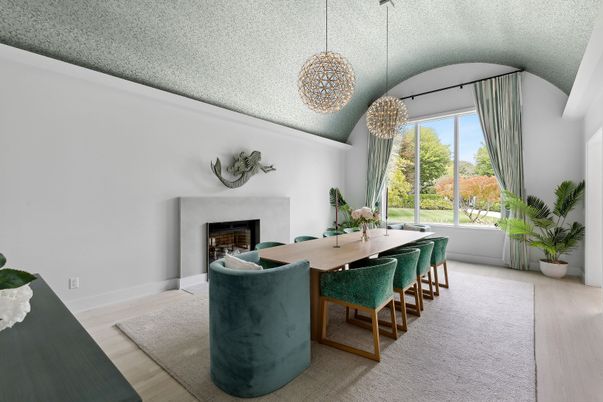 Dining room, Fireplace, Interior, Pendant Lights, Wood Texture Flooring