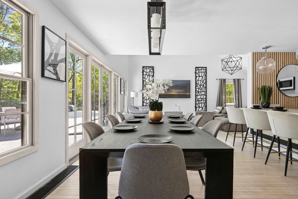 Dining room, Interior, Pendant Lights, Wood Texture Flooring