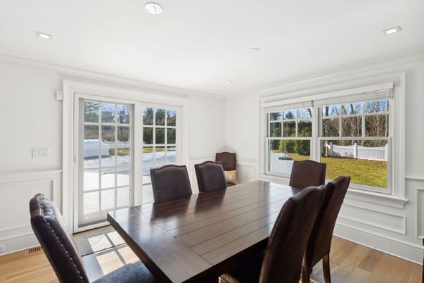 Dining room, Interior, Recessed Lighting, Wood Texture Flooring