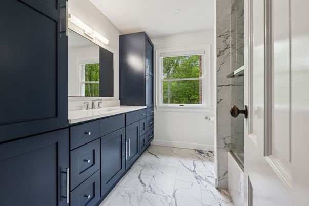 Bathroom, Dual Sink Vanities, Glass Shower, Interior, Marble, Marble Walls